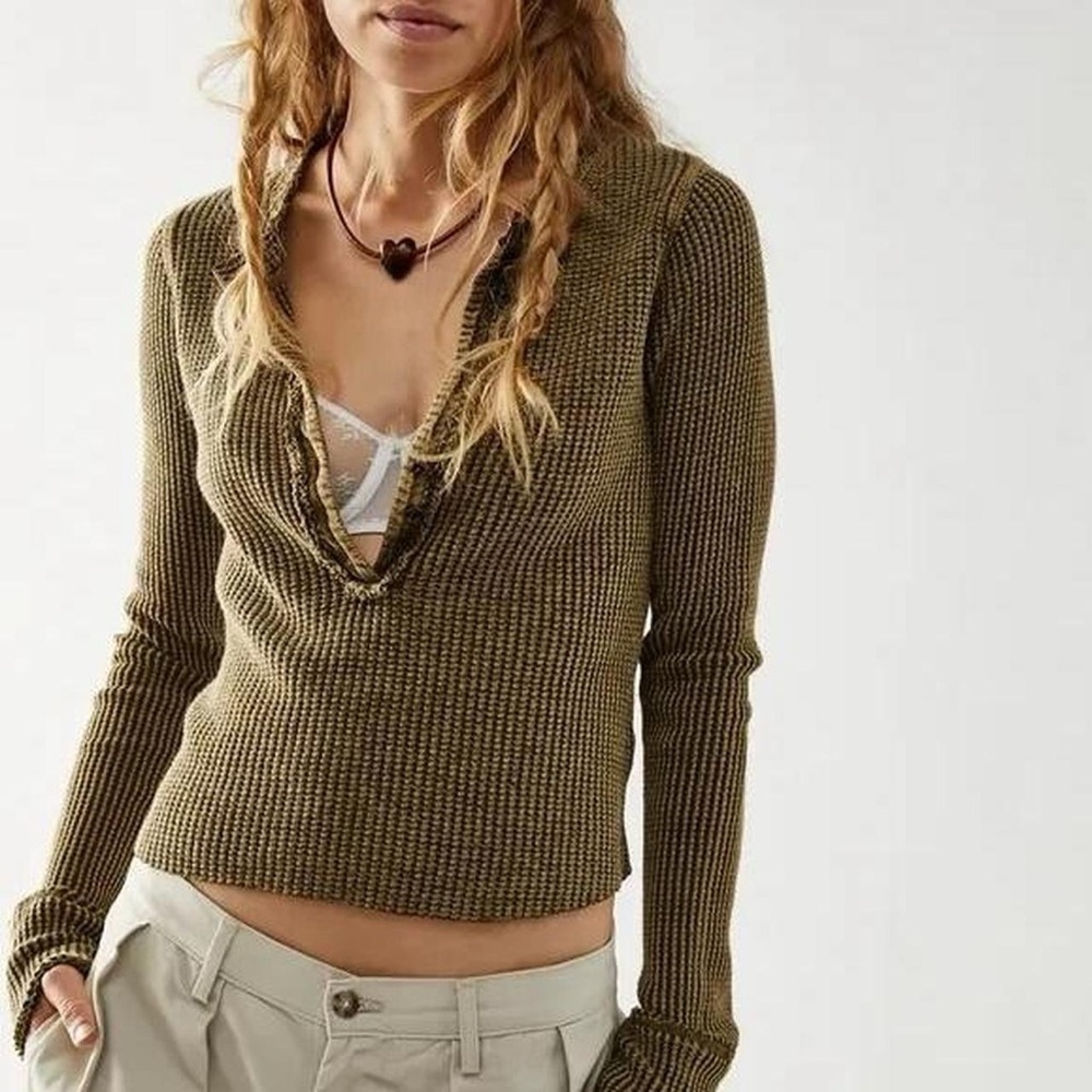 Free People FP ONE Colt Thermal Henley Top in Army Green - XS